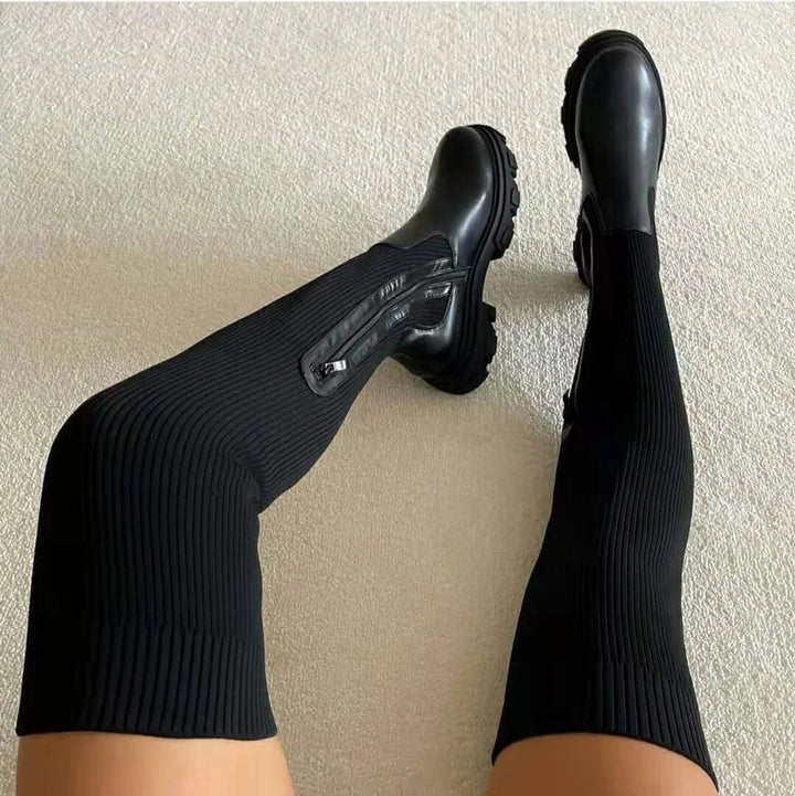 Elfriede | Dames Zwarte Overknee Platform Stretch Dijhoge Laarzen