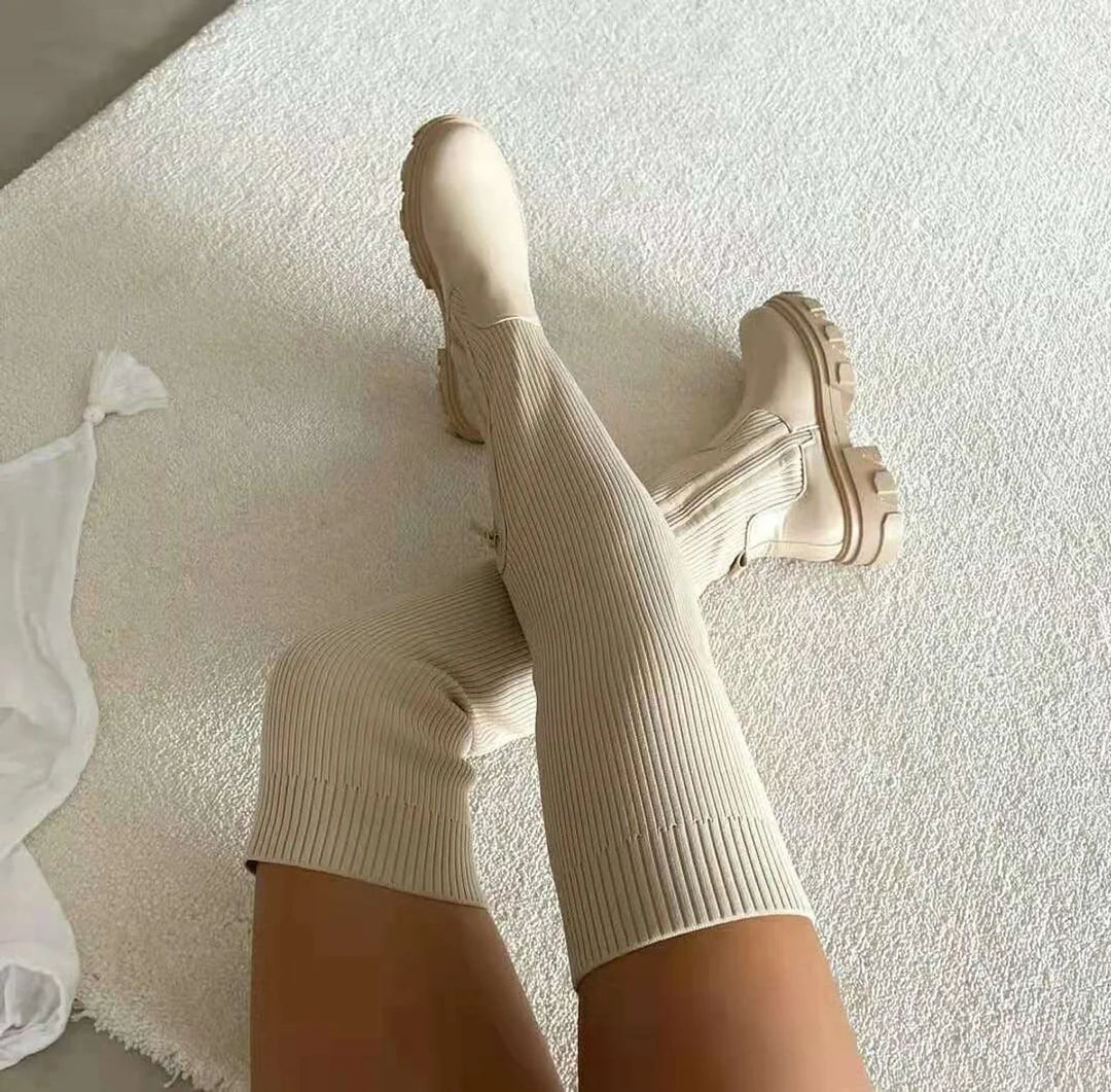 Elfriede | Dames Zwarte Overknee Platform Stretch Dijhoge Laarzen