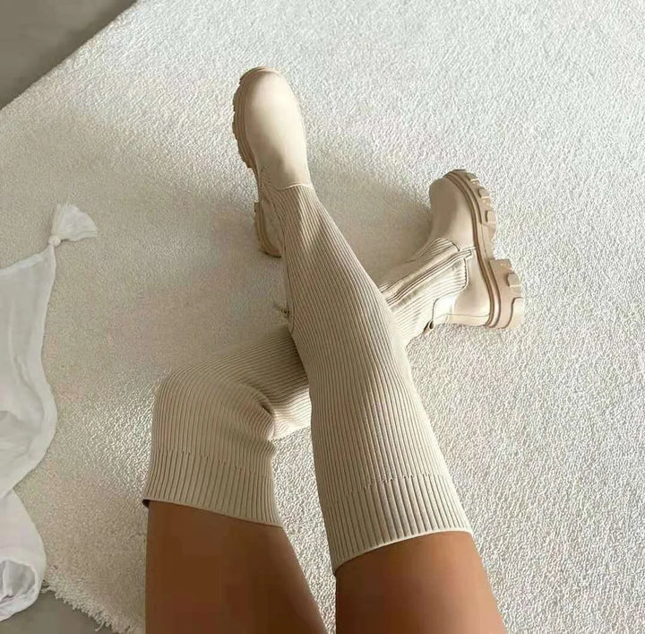 Elfriede | Dames Zwarte Overknee Platform Stretch Dijhoge Laarzen