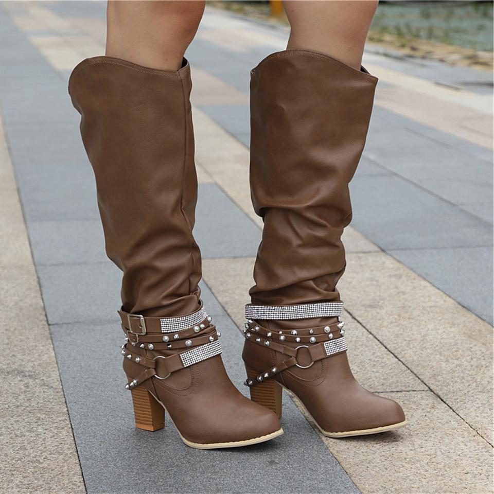 Hilarie | Dames Kniehoge Laarzen Met Blokhak En Studs