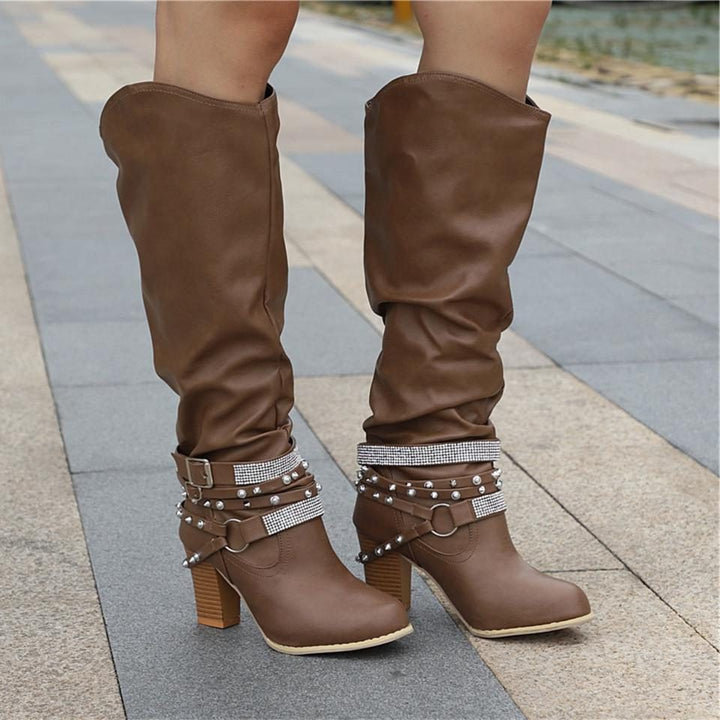 Hilarie | Dames Kniehoge Laarzen Met Blokhak En Studs