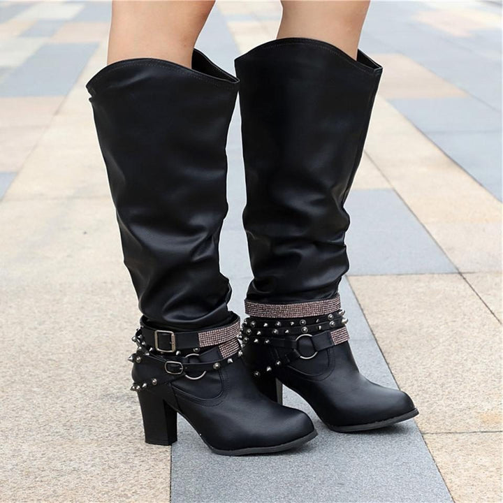 Hilarie | Dames Kniehoge Laarzen Met Blokhak En Studs
