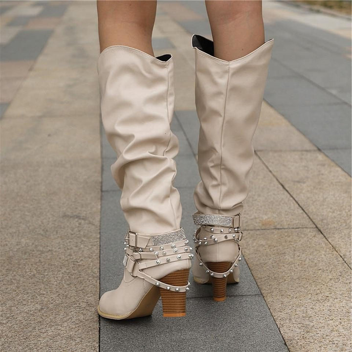 Hilarie | Dames Kniehoge Laarzen Met Blokhak En Studs