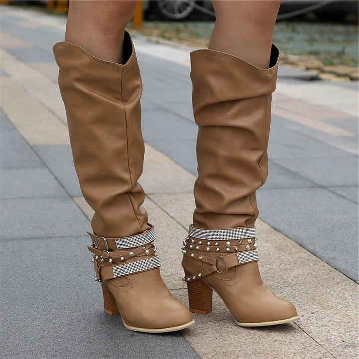 Hilarie | Dames Kniehoge Laarzen Met Blokhak En Studs