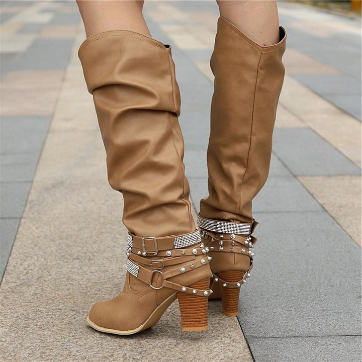 Hilarie | Dames Kniehoge Laarzen Met Blokhak En Studs