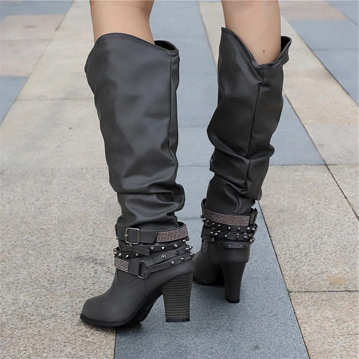 Hilarie | Dames Kniehoge Laarzen Met Blokhak En Studs