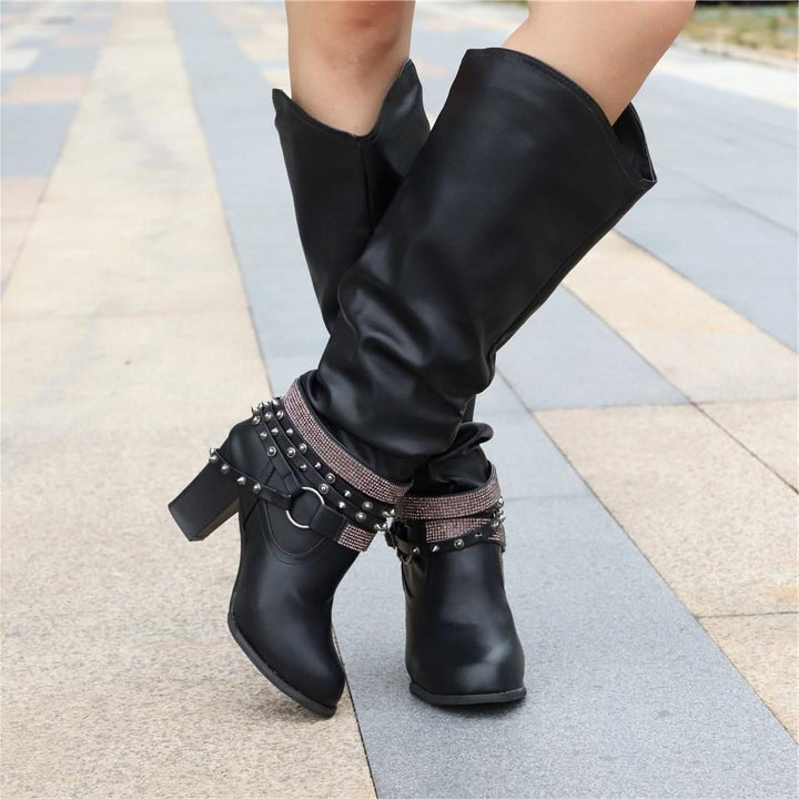 Hilarie | Dames Kniehoge Laarzen Met Blokhak En Studs
