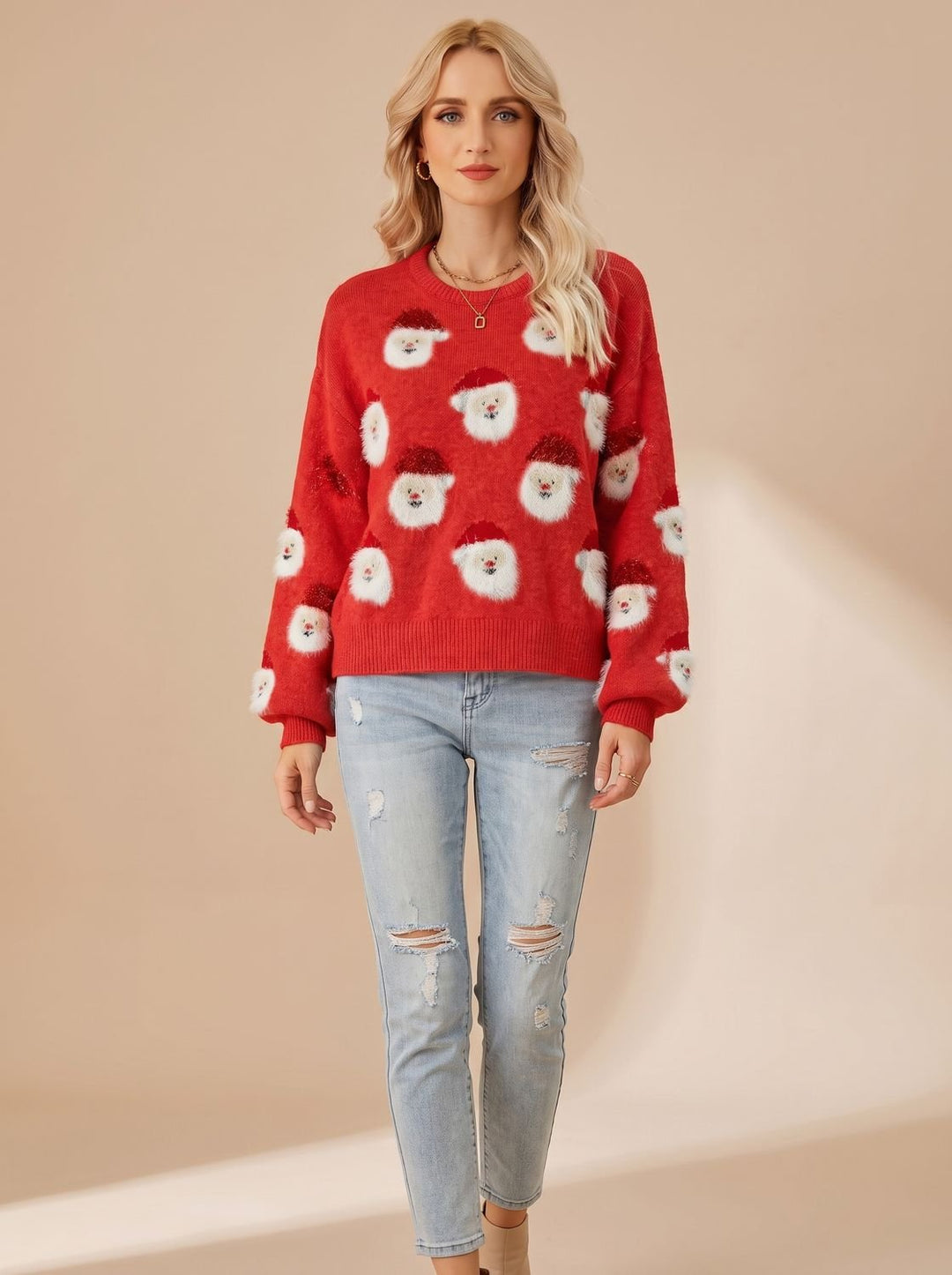 Lena | Dames Gebreide Ruimvallend Kersttrui Met Kerstmanprint