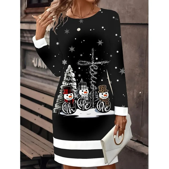 Lotte | Dames Gebreide Kerstjurk met Sneeuwpopprint