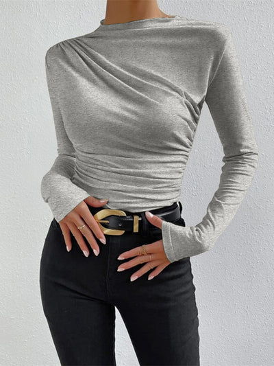 Dames Blouse Met Lange Mouwen, Ronde Hals En Plooidetail